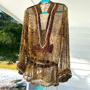 Monique Leshman Brown Animal Print Sheer Blouse